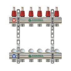 Rozdeľovač podlahového vykurovania 6-cestný so zberačom 1", s prietokomermi a ventilmi