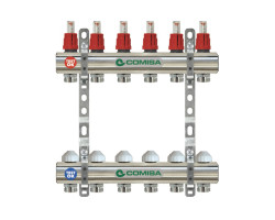Rozdeľovač podlahového vykurovania 6-cestný so zberačom 1", s prietokomermi a ventilmi