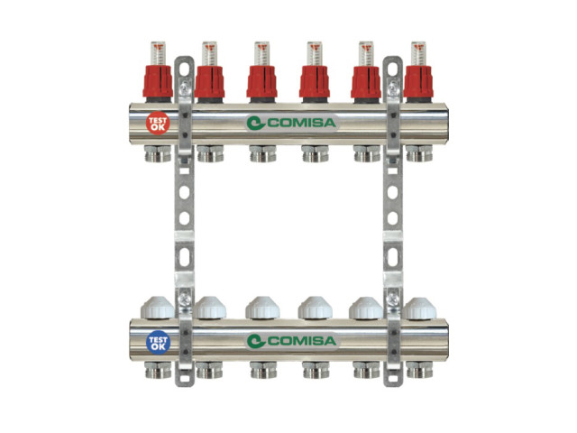 Rozdeľovač podlahového vykurovania 6-cestný so zberačom 1", s prietokomermi a ventilmi