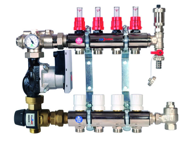 Rozdeľovač podlahového vykurovania 4-cestný, SET Komplet so zmiešavačom ESBE