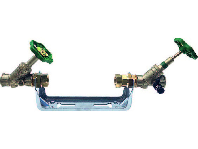 Držiak vodomeru - nerezová oceľ - 3/4„ x 3/4“ - 165 - Qn 2,5 + ventily Schlösser