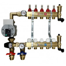 Rozdeľovač podlahového vykurovania 5 okruhov s el. čerpadlom, zmiešavanie 20°C - 50°C, ventily a prietokomery