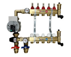 Rozdeľovač podlahového vykurovania 9 okruhov s el. čerpadlom, zmiešavanie 20°C - 50°C, ventily a prietokomery