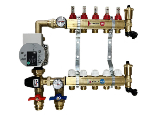 Rozdeľovač podlahového vykurovania 5 okruhov s el. čerpadlom, zmiešavanie 20°C - 50°C, ventily a prietokomery