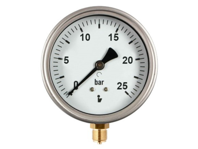Manometer (tlakomer) d63mm 0-25 BAR SPODNÉ vývod 1/4" - voda, vzduch