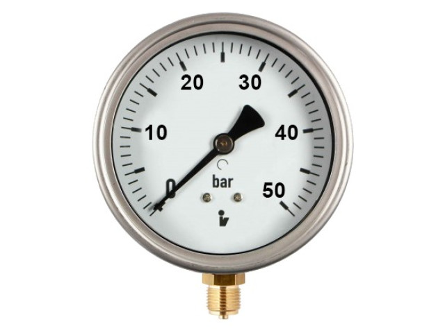 Manometer (tlakomer) d50mm 0-50 BAR SPODNÉ vývod 1/4" - voda, vzduch