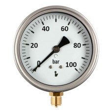 Manometer (tlakomer) d100mm 0-100 BAR SPODNÉ vývod 1/2" - voda, vzduch