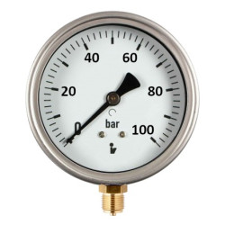Manometer (tlakomer) d100mm 0-100 BAR SPODNÉ vývod 1/2" - voda, vzduch