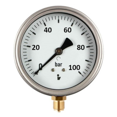 Manometer (tlakomer) d100mm 0-100 BAR SPODNÉ vývod 1/2" - voda, vzduch