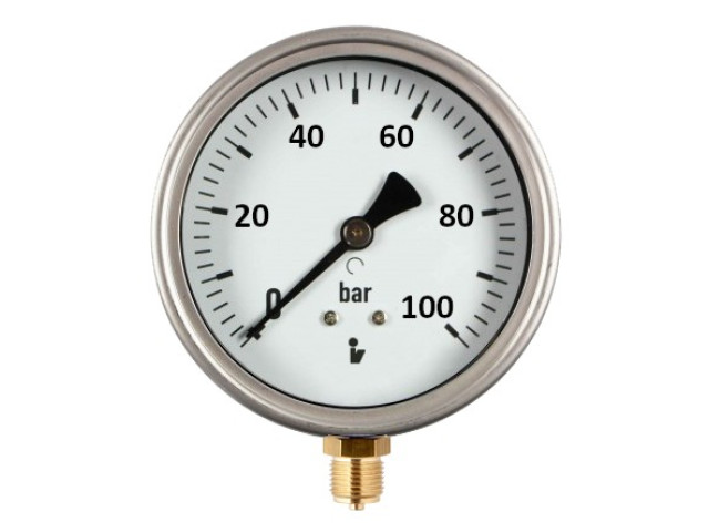 Manometer (tlakomer) d100mm 0-100 BAR SPODNÉ vývod 1/2" - voda, vzduch