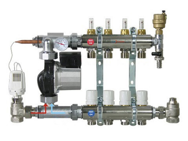 Rozdeľovač podlahového vykurovania 2-cestný, SET elektronické čerpadlo