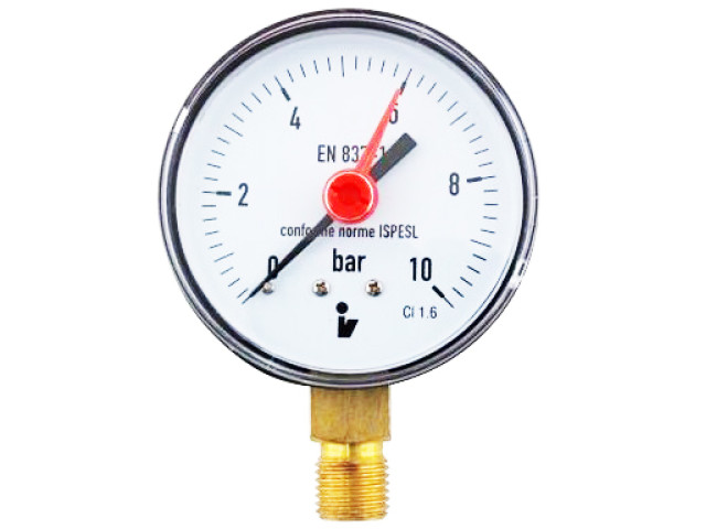 Manometer (tlakomer) d63mm 0-10 BAR SPODNÉ vývod 1/4" - voda, vzduch