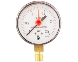 Manometer (tlakomer) d63mm 0-2,5 BAR SPODNÉ vývod 1/4" - voda, vzduch