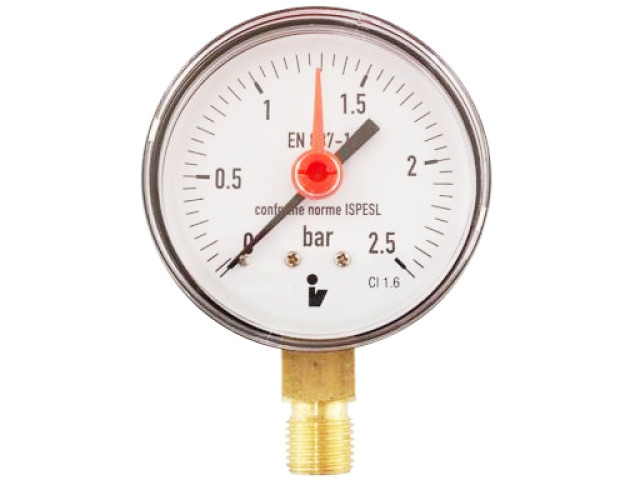 Manometer (tlakomer) d100mm 0-2,5 BAR SPODNÉ vývod 1/2" - voda, vzduch