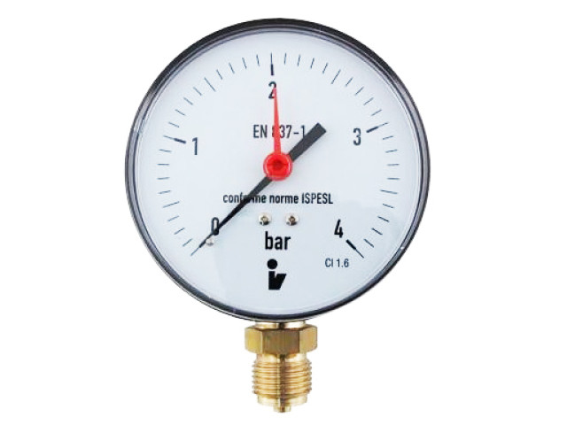 Manometer (tlakomer) d63mm 0-4 BAR SPODNÉ vývod 1/4" - voda, vzduch