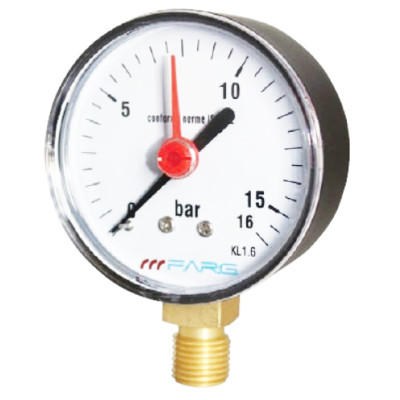Manometer (tlakomer) d100mm 0-16 BAR SPODNÉ vývod 1/2" - voda, vzduch