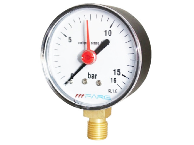 Manometer (tlakomer) d100mm 0-16 BAR SPODNÉ vývod 1/2" - voda, vzduch