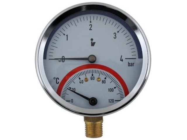 Termomanometer d80mm 0-6 BAR 0-120°C SPODNÉ vývod 1/2" - voda, vzduch
