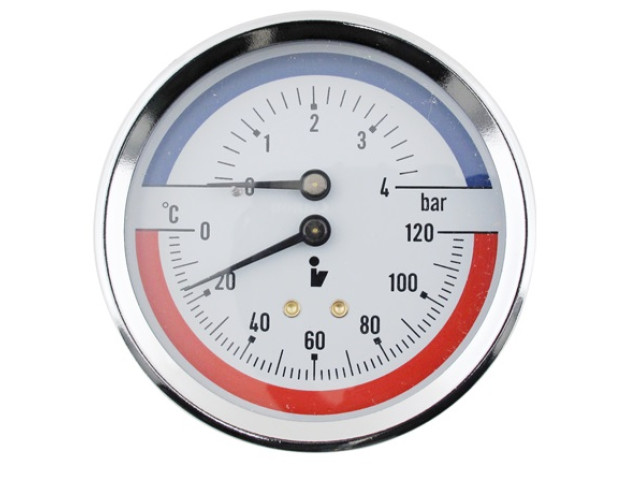 Termomanometer d80mm 0-4 BAR 0-120°C ZADNÁ vývod 1/2" - voda, vzduch