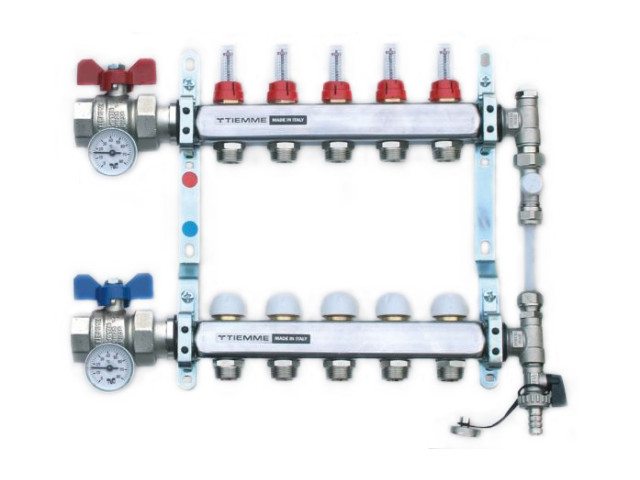 TIEMME 1" Osadený NEREZ rozdeľovač, priamy, prietokomery, 5 okruhov
