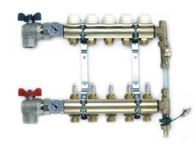 TIEMME 1" Kompletný rozdeľovač, by-pass, prietokomery, 5 okruhov, rohový
