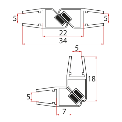 Sada magnetických tesnení 45° pre sklo 5/5 mm, 2000 mm (2 ks)