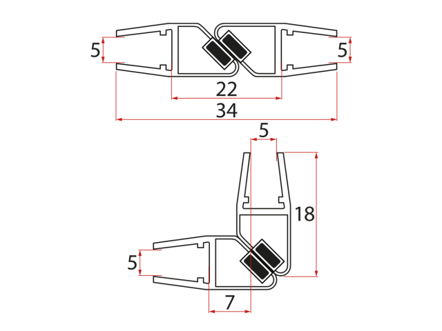 Sada magnetických tesnení 45° pre sklo 5/5 mm, 2000 mm (2 ks)