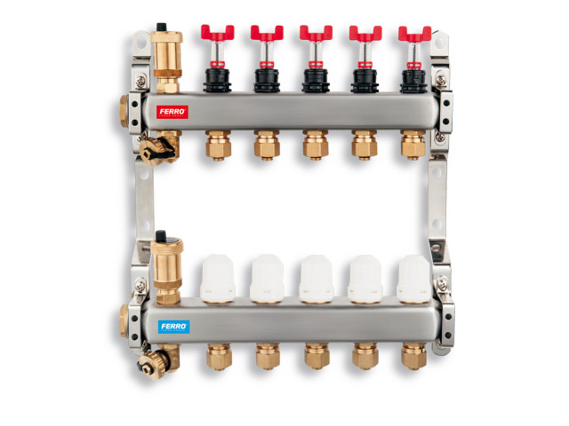 Rozdeľovač s regulačnými šróbeniami a prietokomery, 5 okruhov