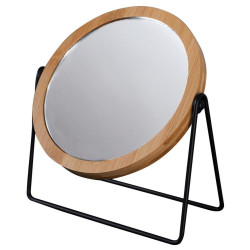KARA kozmetické zrkadlo na stojane, Ø 145 mm, obojstranné, čierne/bambusové