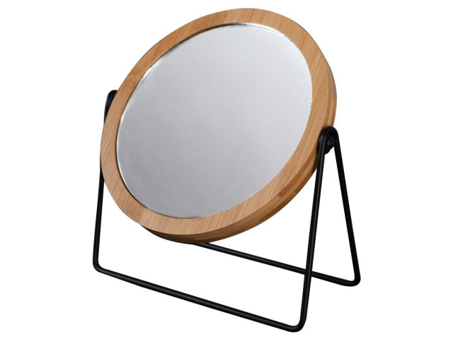 KARA kozmetické zrkadlo na stojane, Ø 145 mm, obojstranné, čierne/bambusové