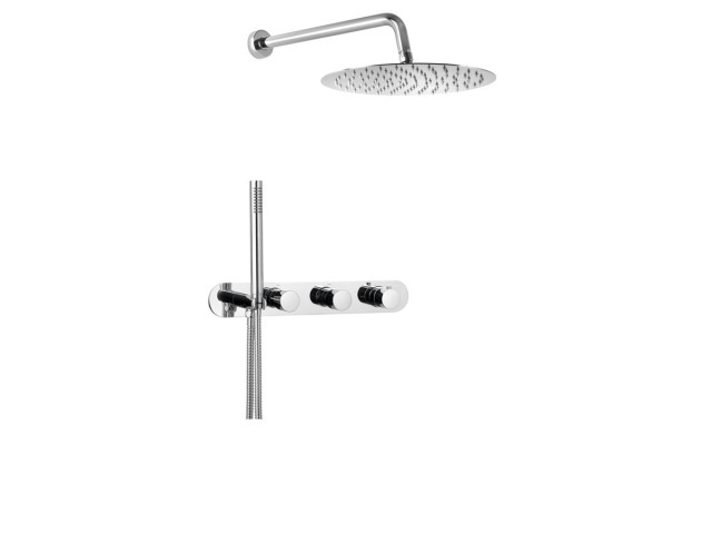 Sprchová súprava na montáž pod obklad s termostatickou batériou a držiakom ručnej sprchy, 2 vývody, okrúhla, chróm