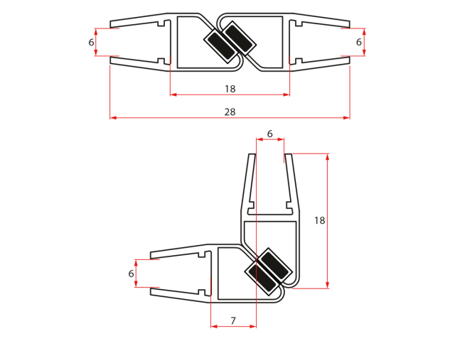 Set magnetických těsnění 45°pro sklo 6/6mm, 1900mm (2ks)