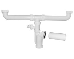 Dřezový sifon s odbočkou 6/4", pro dvojdřez, pračková odbočka, DN50, bílá
