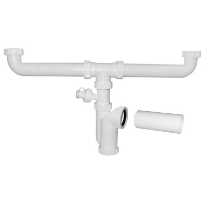 Dřezový sifon s odbočkou 6/4", pro dvojdřez, pračková odbočka, DN50, bílá