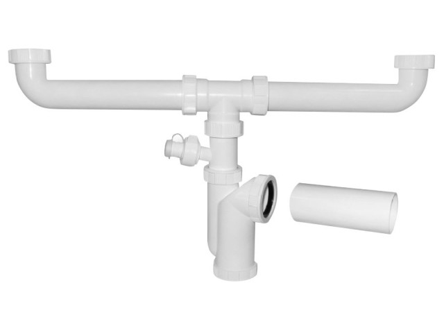 Dřezový sifon s odbočkou 6/4", pro dvojdřez, pračková odbočka, DN50, bílá