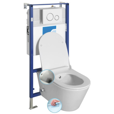 Závesné WC AVVA CLEANWASH, integrovaná batéria a bidetová sprcha so skrytou nádržkou a tlačidlom Schwab, biela farba