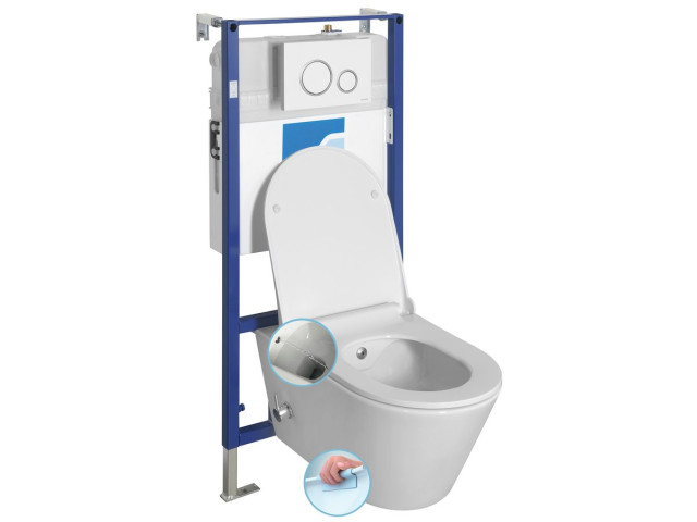 Závesné WC AVVA CLEANWASH, integrovaná batéria a bidetová sprcha so skrytou nádržkou a tlačidlom Schwab, biela farba