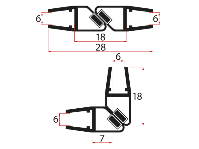 Set magnetických těsnění 45°pro sklo 6/6mm, 1900mm, černá (2ks)