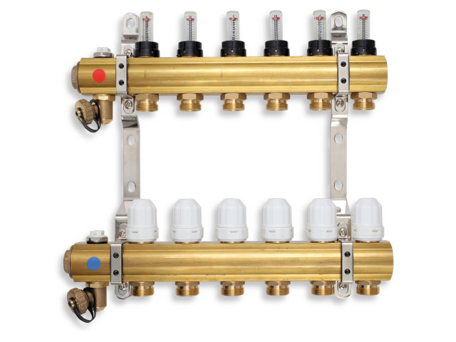 Rozdeľovač 6-cestný s regul.šroubením s průt.a uzav.ventily bez kul.